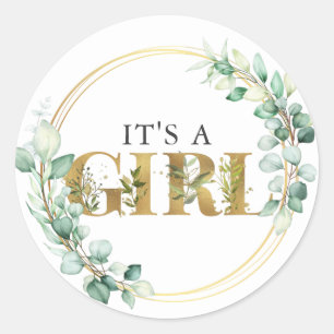 Greenery is een Girl Gold Eucalyptus Baby shower Ronde Sticker