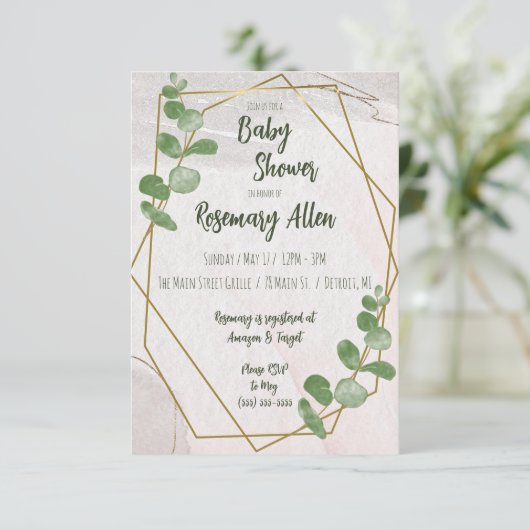 Greenery, Ivory en Gold Lijst Baby shower Kaart (Staand voorkant)