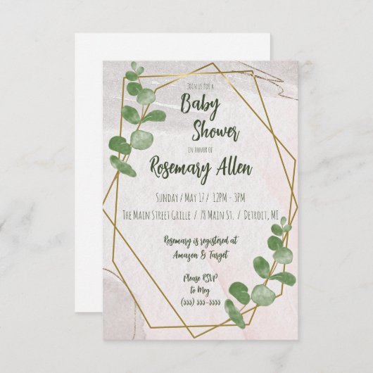 Greenery, Ivory en Gold Lijst Baby shower Kaart (Voorkant / Achterkant)