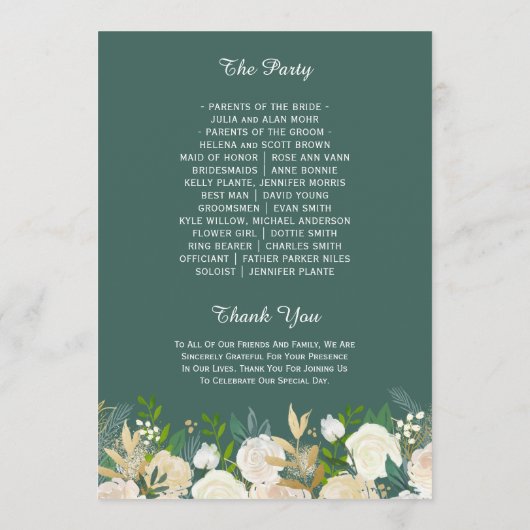 Greenery Ivory Floral Gold Glitter Wedding Programmakaart (Achterkant)