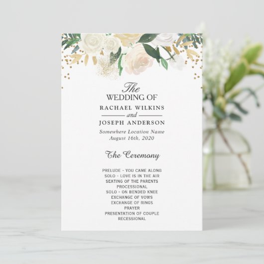 Greenery Ivory Floral Gold Glitter Wedding Programmakaart (Staand voorkant)