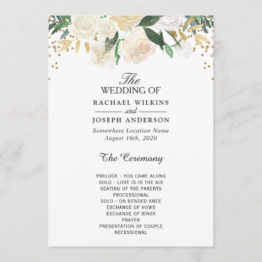 Greenery Ivory Floral Gold Glitter Wedding Programmakaart (Voorkant)