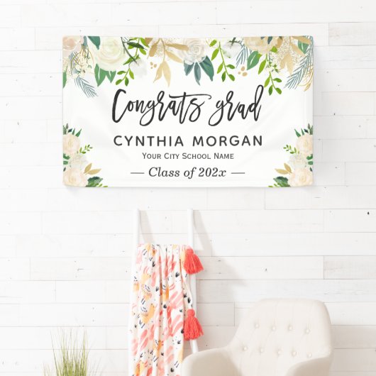 Greenery Ivory Gold Floral Afstuderen Afstuderen Spandoek (Insitu)