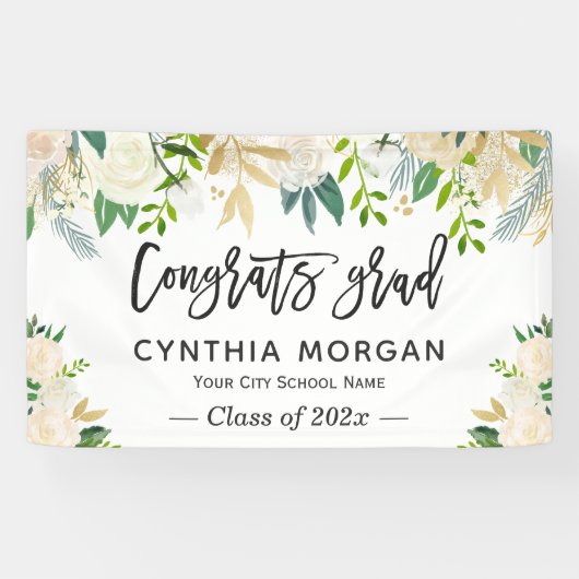 Greenery Ivory Gold Floral Afstuderen Afstuderen Spandoek (Horizontaal)