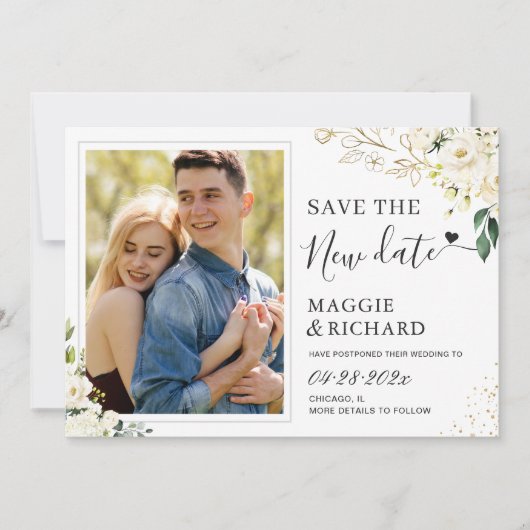 Greenery Ivory Gold Floral Foto Save the New Date (Voorkant)