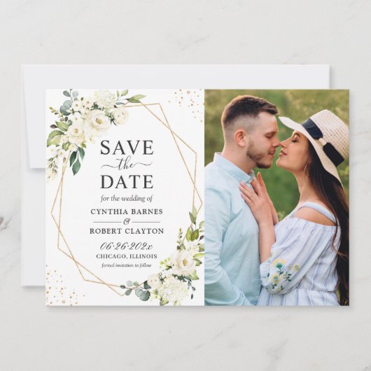 Greenery Ivory White Floral Gold Geometric Foto Save The Date (Voorkant)