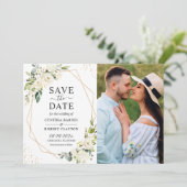 Greenery Ivory White Floral Gold Geometric Foto Save The Date (Staand voorkant)