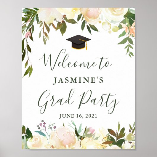 Greenery Ivory White Floral Gradual Party Sign Poster (Voorkant)