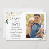 Greenery Ivory White Gold Elegant Floral Foto Save The Date (Voorkant)