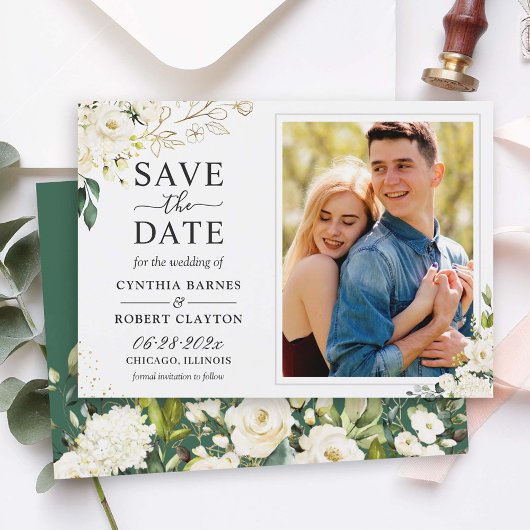 Greenery Ivory White Gold Elegant Floral Foto Save The Date