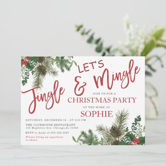 Greenery Jingle en Mingle Holiday Kerstparty Kaart (Staand voorkant)
