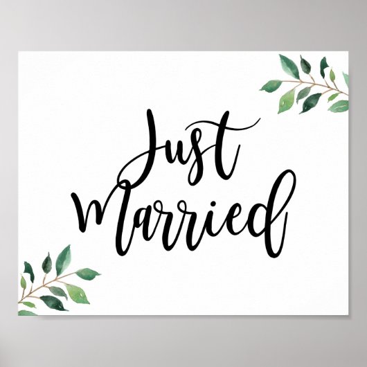 Greenery Just Married Calligraphy Sign Poster (Voorkant)