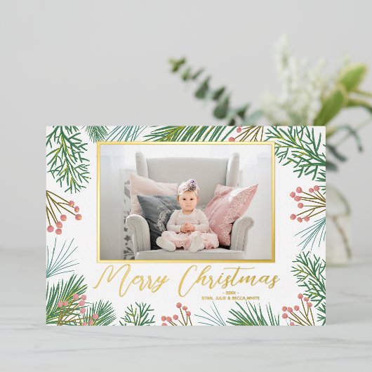 Greenery kerstfoto folie feestdagenkaart (Staand Voorkant)