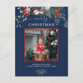 Greenery kerstfoto Waterverf Navy Blue Feestdagenkaart (Voorkant)
