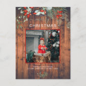 Greenery kerstfoto Waterverf Rustic Wood Feestdagenkaart (Voorkant)