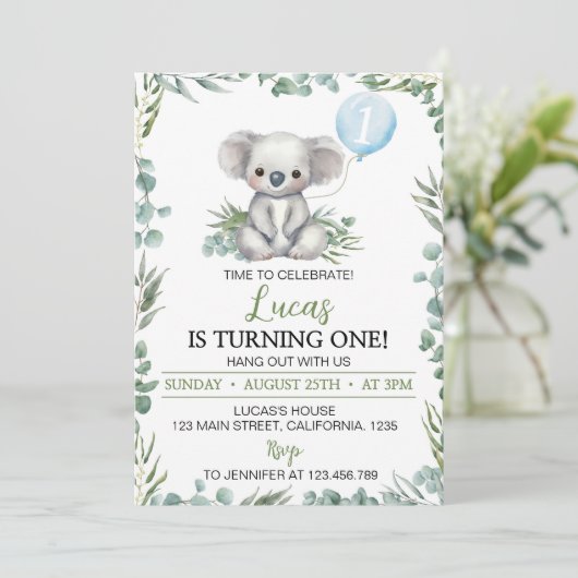 Greenery Koala Balloon Boy Verjaardagsuitnodiging Kaart (Staand voorkant)