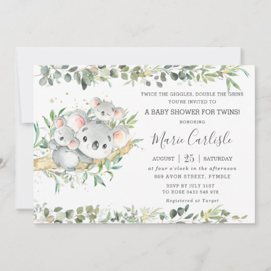 Greenery Koala Twins Gender Neutral Baby shower Kaart (Voorkant)
