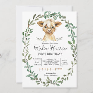 Greenery Koe Birthday Invitation, Heifer Kaart