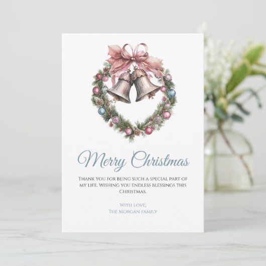 Greenery krans bel & roze lint boog feestdagenkaart (Staand voorkant)