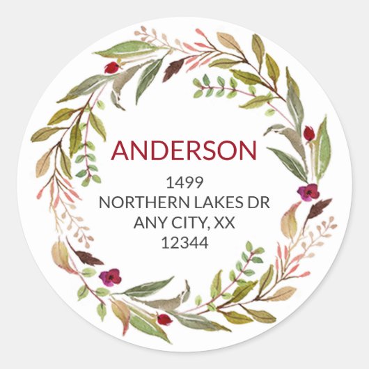Greenery Krans + Bourgondische bloemen retour adre Ronde Sticker (Voorkant)