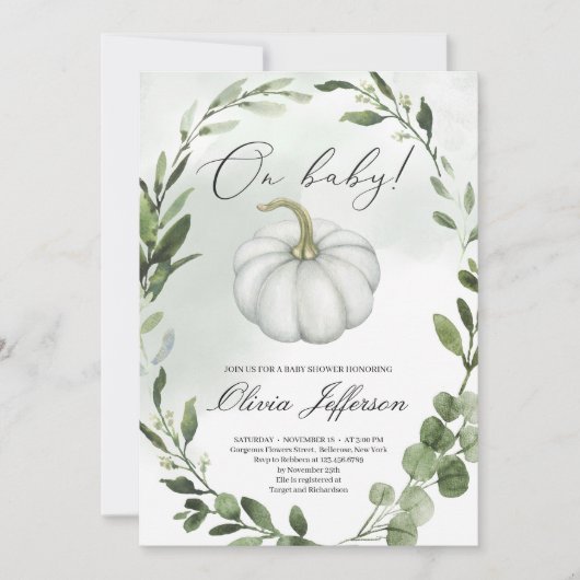 Greenery krans kleine pompoen herfst baby shower kaart (Voorkant)
