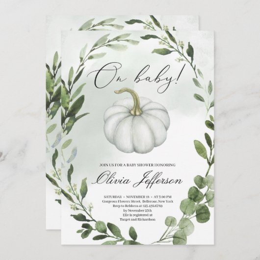 Greenery krans kleine pompoen herfst baby shower kaart (Voorkant / Achterkant)