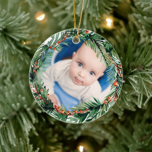 Greenery krans Mijn eerste kerst Baby Foto Keramisch Ornament (Boom)