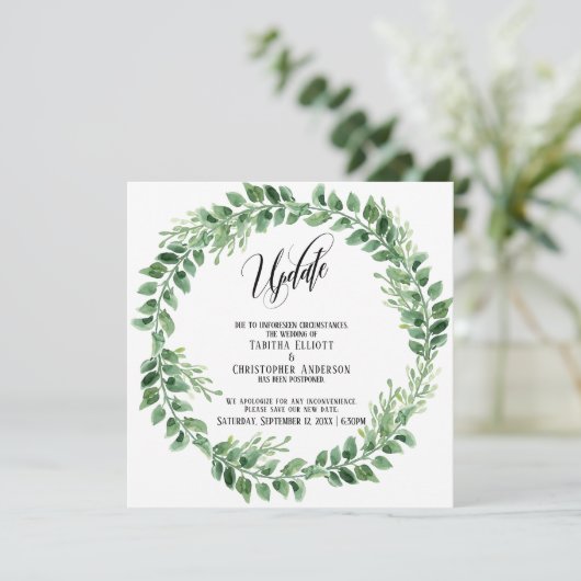 Greenery krans uitgesteld bruiloft update Kaart (Staand voorkant)