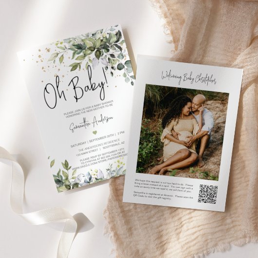 Greenery laat Baby shower Registry QR Code Foto Kaart