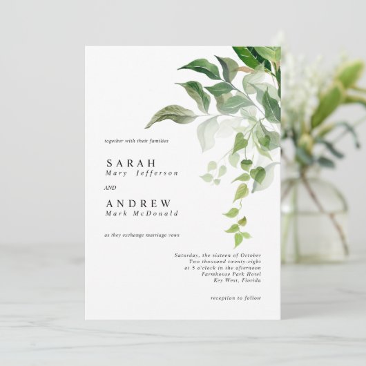 Greenery laat de moderne minimale weddenschap over kaart (Staand voorkant)