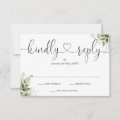 Greenery laat elegant Script Heart Kindly Reply RSVP Kaartje (Voorkant)