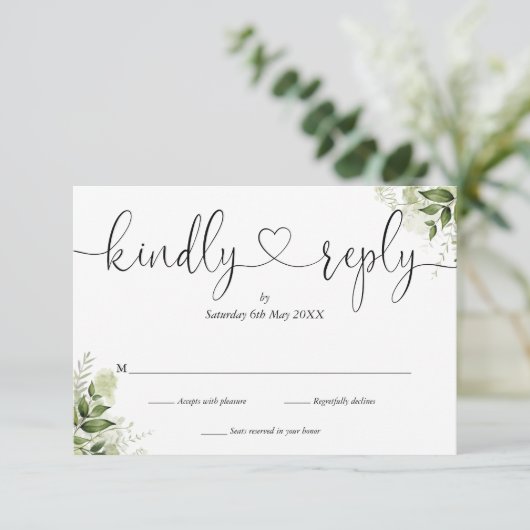 Greenery laat elegant Script Heart Kindly Reply RSVP Kaartje (Staand voorkant)