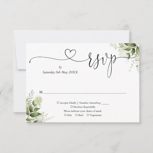 Greenery laat elegant Script Heart RSVP Kaartje (Voorkant)