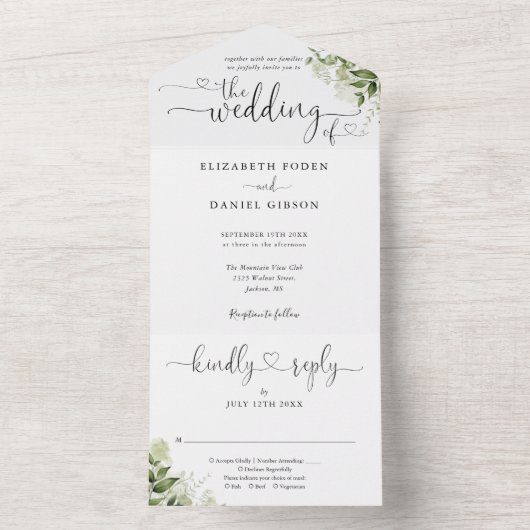 Greenery laat elegant Script Hearts Weddenschap All In One Uitnodiging (Binnen)