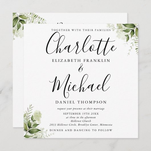 Greenery laat elegant script in één bruiloft achte kaart (Voorkant / Achterkant)