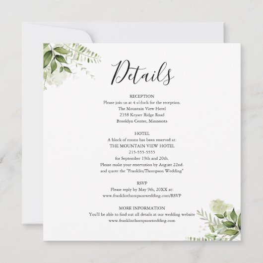 Greenery laat elegant script in één bruiloft achte kaart (Achterkant)