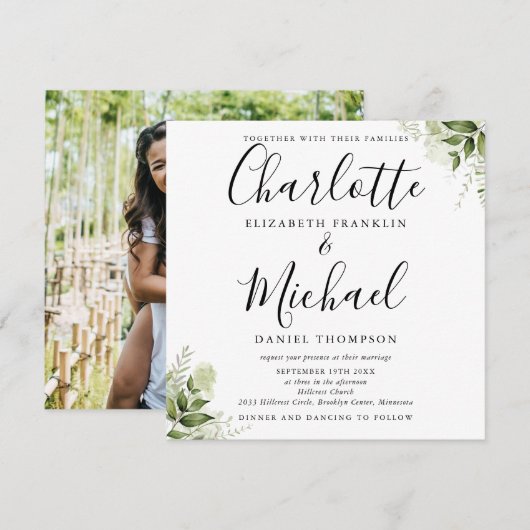 Greenery laat legant script foto Wedding Kaart (Voorkant / Achterkant)