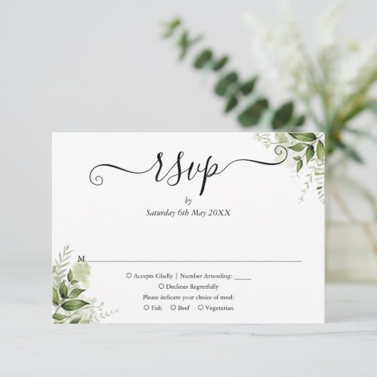 Greenery laat legant Script Wedding RSVP Kaartje (Staand voorkant)