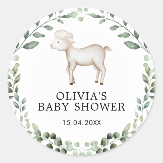 Greenery Lamb Baby shower Spring Sheep Favors Ronde Sticker (Voorkant)