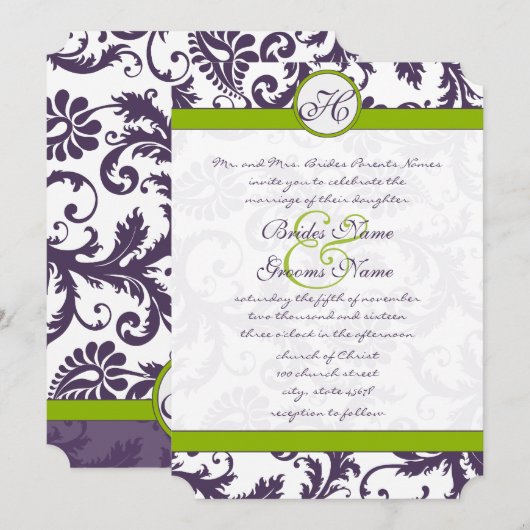 Greenery Lapis Paars Damask Wedding Invitation Kaart (Voorkant / Achterkant)