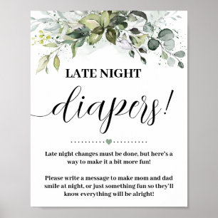 Greenery Late Night Diapers Baby shower Game Sign Poster
