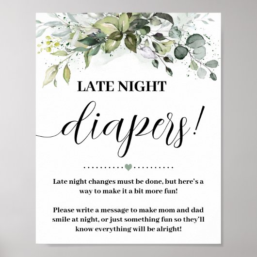 Greenery Late Night Diapers Baby shower Game Sign Poster (Voorkant)