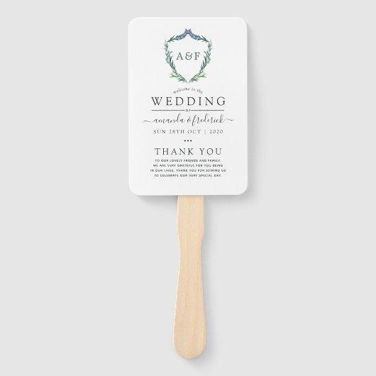Greenery Laurel Crest Monogram Wedding Programme Handwaaier (Voorkant)