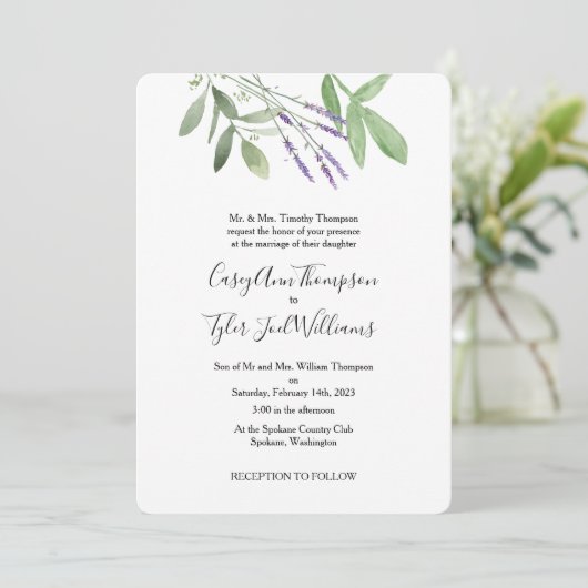 Greenery & Lavender Waterverf Wedding Invitation Kaart (Staand voorkant)