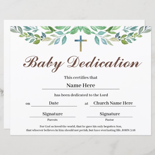 Greenery leaf Baby Dedication Certificate (Voorkant / Achterkant)