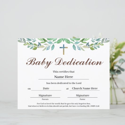Greenery leaf Baby Dedication Certificate (Staand voorkant)