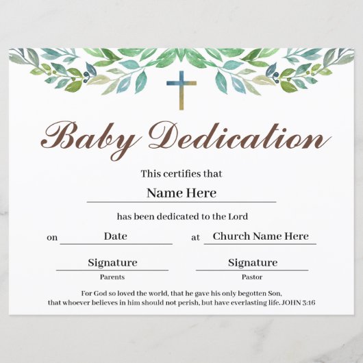 Greenery leaf Baby Dedication Certificate (Voorkant)