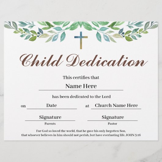 Greenery leaf Child Dedication Certificate (Voorkant)