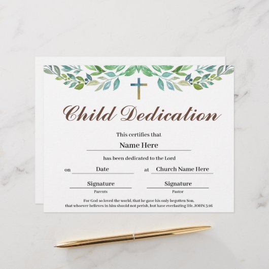 Greenery leaf Child Dedication Certificate (Voorkant / Achterkant in situ)