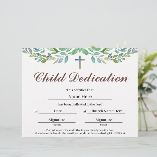 Greenery leaf Child Dedication Certificate (Staand voorkant)